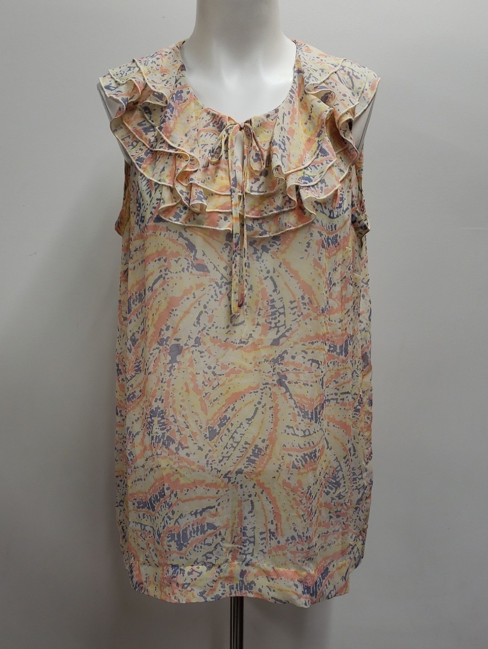 CAbi Sheer Tunic Women's Large Sheer Ruffle Sleeveless Multicolor Blouse